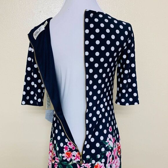 Eliza J Womens Jersey 3/4 Sleeve Polka Dot Floral Mini Dress Sz 0 Navy - Picture 4 of 9